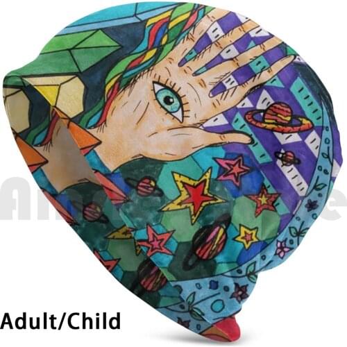 Psychedelic Vibes Beanies Knit Hat Hip Hop Hand Eye Sun Moon Rainbow Ying Yang Space Stars Crystals Planets