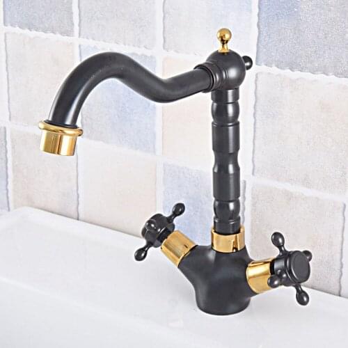 Basin Faucets Black Gold Color Double Cross Handle Bathroom Sink Faucet Tall Swivel Spout Bathbasin Vanity Mixer Taps zsf799
