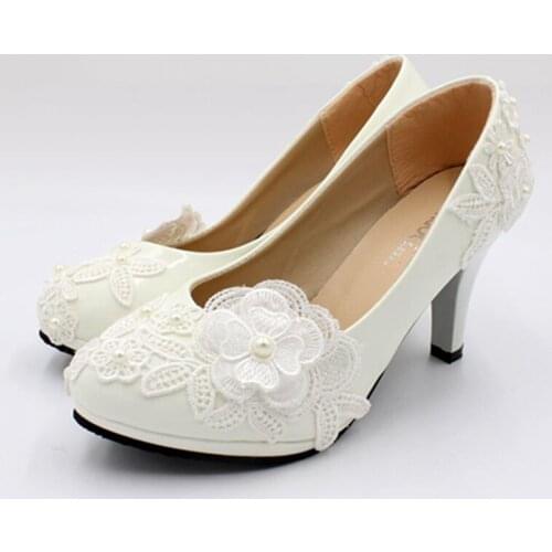 White lace flower wedding shoes woman 8cm 3 inch heel ladies girls party dinner ceremony parties dancing pumps shoe white NQ181