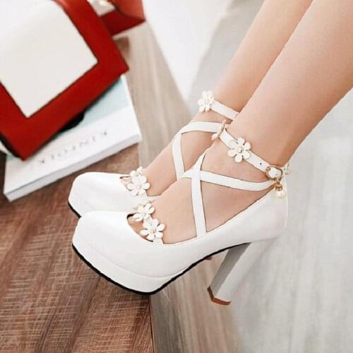 XJRHXJR Black White Pink Bride Wedding Shoes Women Cross Strap Block Square High Heels Platform Pumps Derss Date Heels Hot 34-43