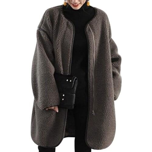 Spring Plush Fleece Jacket Women 2021 New Casual Long Jackets Mujer Coat Fashion Loose Oversize Casual Outwear Overcoat Brown