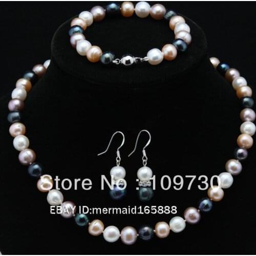 Jewelry 00210 A Sets 8-9mm Colorful Akoya Cultured Pearl Necklace/Bracelets/Earrings18"7.5"