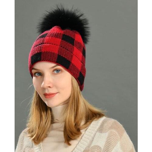 Womens Warm Winter Knit Beanie Check Pattern Wool Hats New Casual Fur Ball Pom Pom Ski Outdoor Skullies Beanies Hat