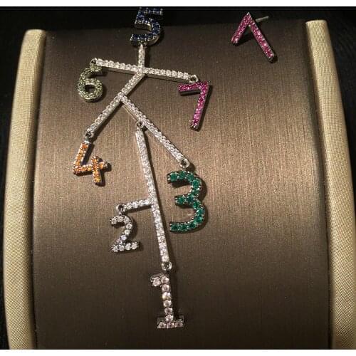 Sense of design Hyperbole Letter Number Large Long Earrings woman Rhinestone Alternative Asymmetry Fashion Full dress Model