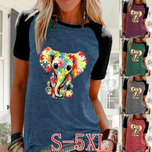 New Fashion Women Summer Elephant Printed Loose Round Neck Short Sleeve Casual Graphic Shirts & Tops Blouse Plus Size