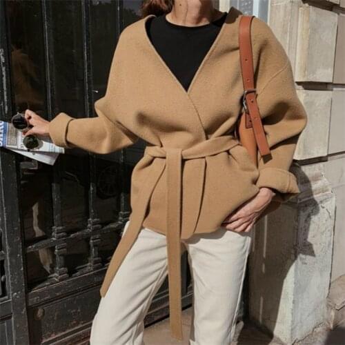2020 Korean Winter Casual Handmade Women Lacing Belt Short High End Double Sided 100% Wool Coat Plus Size Loose Overcoat