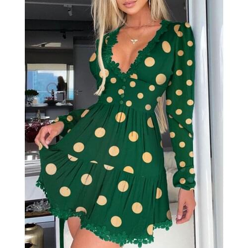 2021 Sexy Lace V Neck Long Sleeve Dress Causal A Line Polka Dot Slim Mini Dress Spring Puff Sleeve Ladies Dress For Women