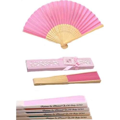 100 Pcs Custom Luxury Silk Hand Fan in Elegant Laser Cut Gift Box Party Favors / Wedding Gifts Silk screen