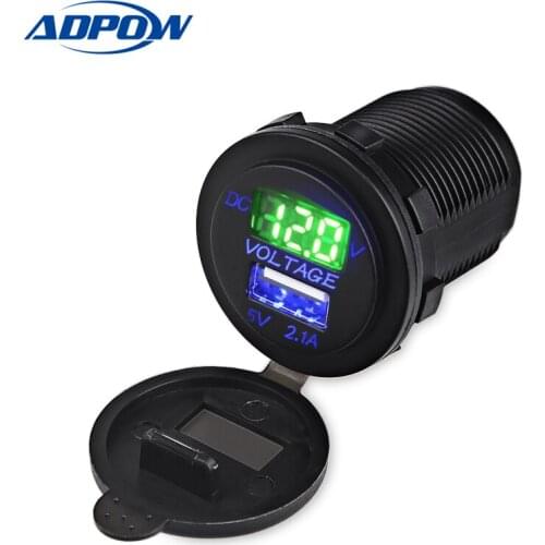 ADPOW 12-24V Dual USB Car Charger Power Outlet Socket for Boat Motorcycle SUV ATV Tractor with LED Digital Voltmeter Car Socket