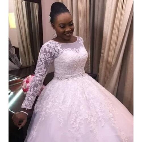 Ball Gown Wedding Dresses Long Sleeve Jewel Beads Belt Appliques Lace Bridal Gowns Plus Size Arabic African Vestido De Novia