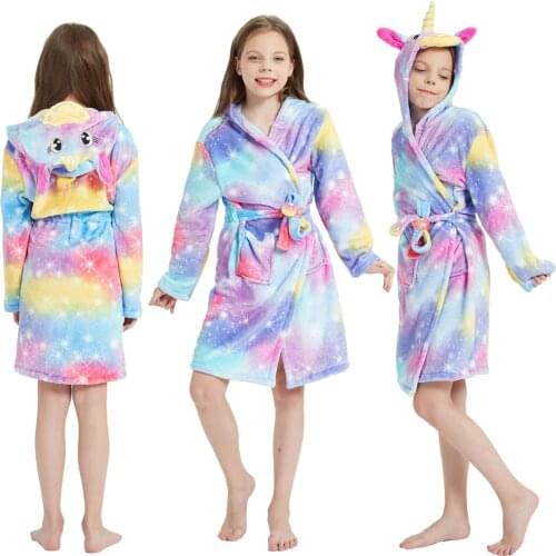 Rainbow Unicorn Childrens Flannel Animal Cartoon Beach Bathrobes Childrens Robes Hooded Unicorn Bath Robes for 3-12Years