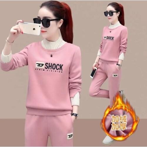 Plus Velvet Thick Fall Fashion Tracksuit Two Piece Set Womens Casual Print Half Turtleneck Sweatshirt Pantsuit Loungewear Female