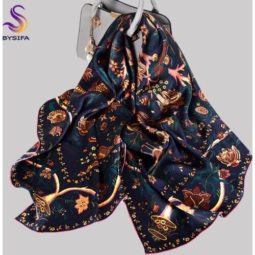 BYSIFA|Navy Blue Gold 100% Silk Scarf Hijab Ladies Rich Floral Design Printed Square Scarves 110*110cm Fall Winter Scarves Wraps