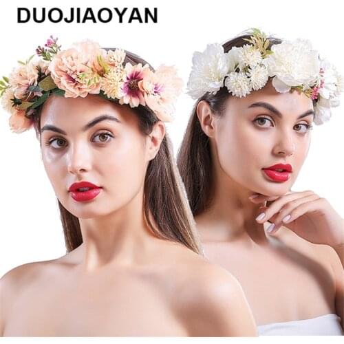 DUOJIAOYAN New Women Flower Crown Bridal Floral Headband Wreath Wedding Hair Accessories Floral Tiara Crown