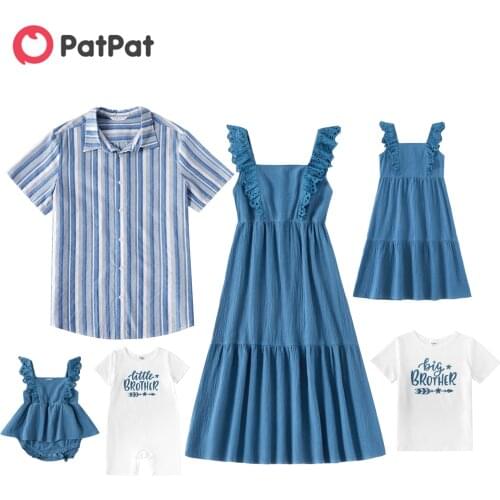 PatPat 2021 Summer Mosaic 100%Cotton Family Matching Blue Series Sets(V-neck Dresses - Plaid Button Front Shirts - Rompers)