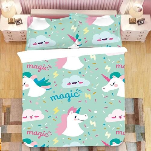 Cartoon Unicorn Printed Bedding Set Twin Duvet Cover And Pillowcase 2/3pcs Rainbow Pink Bedroom Decor For Girls No Comforter