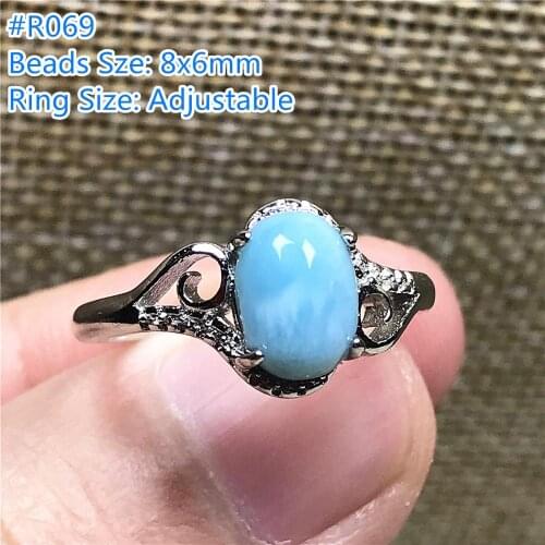 Natural Blue Larimar Ring Jewelry For Woman Lady Man Silver 8x6mm Oval Beads Dominica Water Pattern Stone Adjustable Ring AAAAA