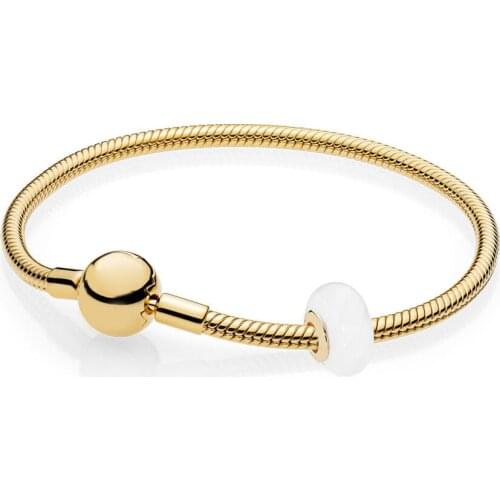 NEW 100% 925 Sterling Silver White Glass Beads Charm SHINE MOMENTS SMOOTH BRACELET Set RAU0421 Charming Gift Temperament Women