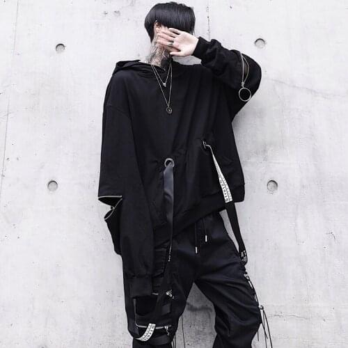 Autumn national tide dark black ribbon zipper decoration mens hooded Harajuku style loose jacket