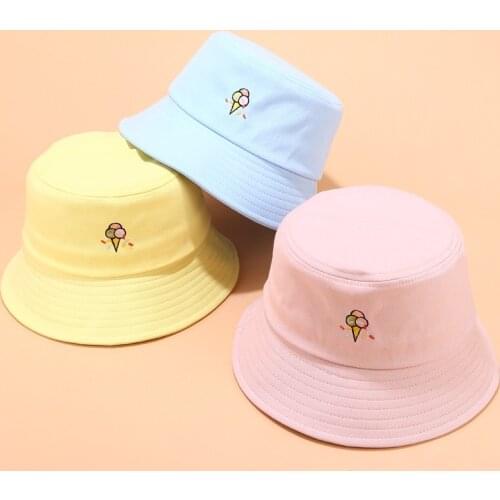 New Womens Bucket Hat Cute Ice Cream Embroidered Fisherman Hat Summer Outdoor Hiking Hat Sun Hats Leisure Unisex Panama Bob Cap