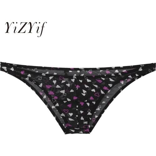 Sexy Mens Fashion Printed See-through Mesh Bikini Briefs Panties Low Rise Lingerie Underwear Elastic Waistband Underpants