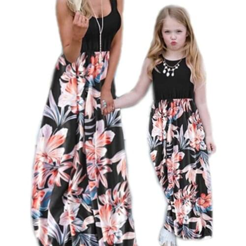 Family Look Mother Daughter Dresses Floral Long Dress 2021 Summer Family Clothing Mom and Daughter Beach Dress