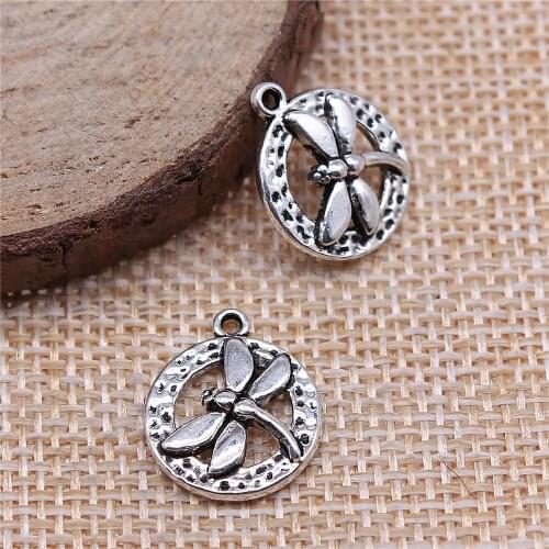 Charms for Jewelry Making Findings Handmade DIY Craft 20pcs Antique Silver Color 14x17mm Round Dragonfly Tag Charms Pendant