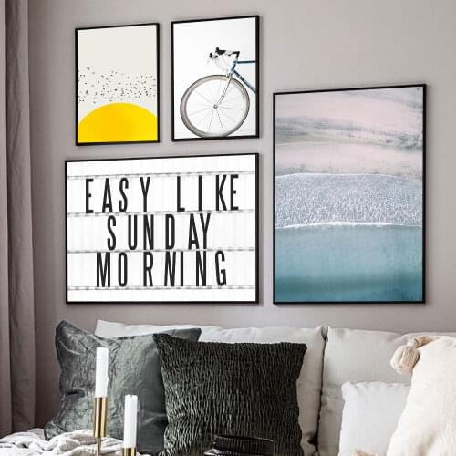 Scandinavian Beach Bicycle Sun Bird Poster Nordic Landscape Wall Art Canvas Painting Print Picture for Living Room Bedroom Decor