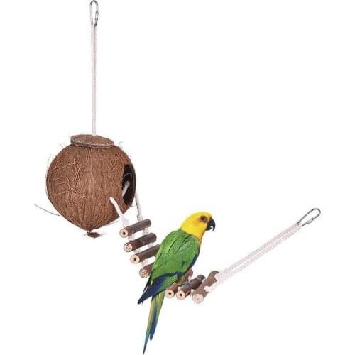 Bird Nest Natural Coconut. Bird House with Ladder Hanging Bird Fun Hut