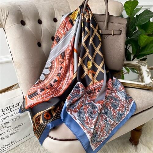 Luxury Women Silk Scarf Shawl Print Plain Ladies Handle Bag Neckerchief Foulard 90*90cm Headscarf Summer Beach Hijab Wrap 2021