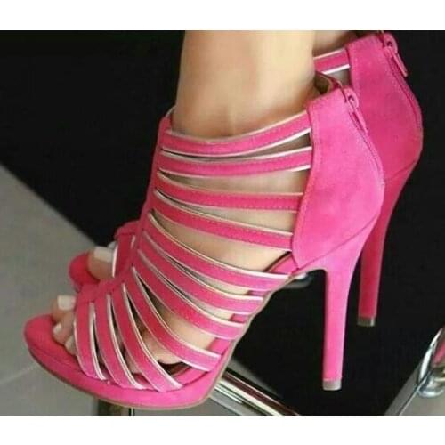 Hot Pink Black Golden Bands Zipper Back Open Toe Stiletto Heels Sexy High Heel Sandals Woman Summer Party Dress Sandals Shoes