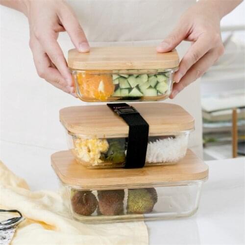 Glass Lunch Box with Wood Cover Household Transparent Fruit Bowl Portable Microwave Bento Box Students Picnic Food Container