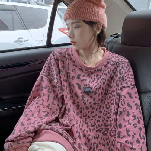 Retro leopard print sweatshirt women 2021 autumn winter plus velvet thick loose O-neck hedging neonbabipink long-sleeved shirts