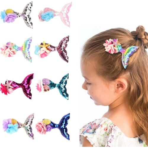 Cartoon Fishtail Flower Hair Clip Cute Baby Gilr Hair Accessories Sequin Hairpis Iittle Girl Side Clip Headwear Spinki Do Wlosow