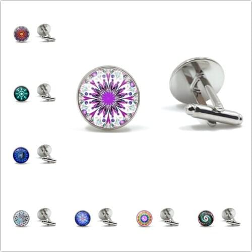 New Flower of Life Cufflinks Om Yoga Chakra Mandala Flower Fashion Glass Dome Sacred Geometry Shirt Cuff Button For Mens Gift