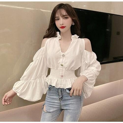 #1906 Black White Sexy Blouse Women Deep V Neck Puff Sleeves Off The Shoulder Tops For Women Elastic Waist Tunic Tops Buttons