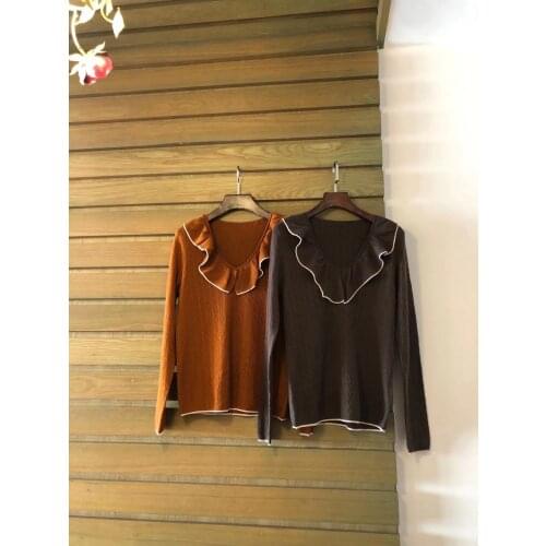 Ladies 2021 Fashion New Long Sleeve Sexy Casual Ruffle Contrast Flower Textured Pullover 1207