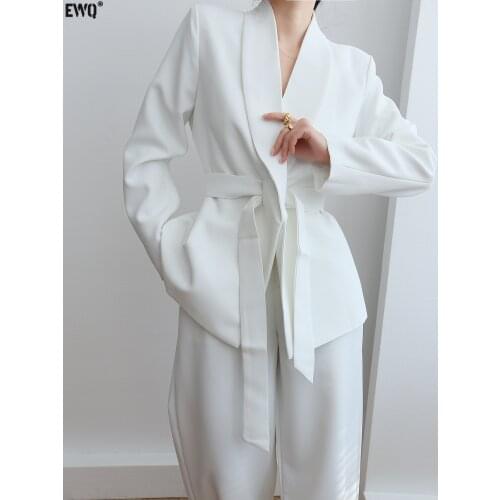 [EQW] Elegant Blazers Notched Neck Jacket Long Sleeve High Quality Office Lady Suit 2-piece Set Long Sleeve Loose Belt Blazer