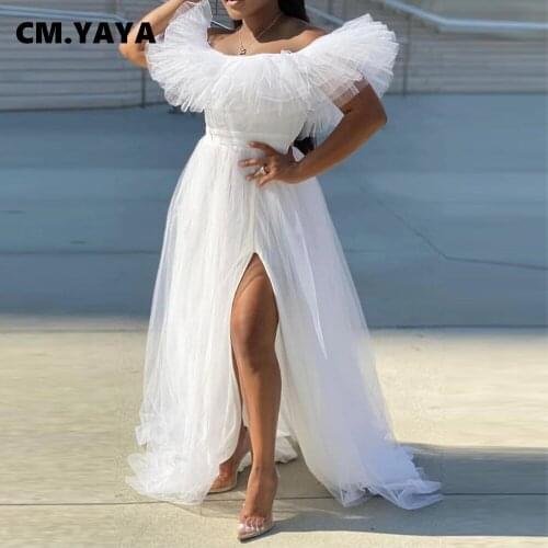 CM.YAYA Plus Size Women Mesh Patchwork High Side Slit Butterfly Sleeve Maxi Dress Sexy Party Night Clubwear Long Dresses