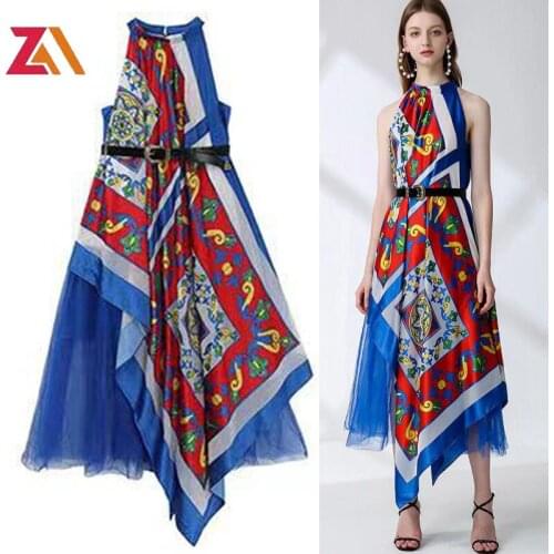 ZALady designer runway party evening maxi dresses for women summer vintage printed irregular loose women tank dress robe femme