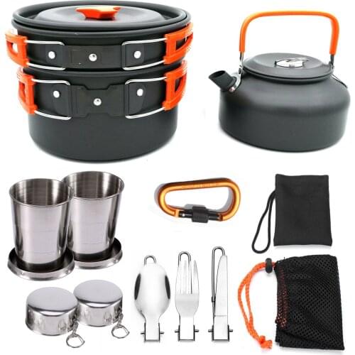 2021 High Quality 1 Set Outdoor Pots Pans Camping Picnic Cooking Set Tableware With Foldable Spoon Fork Knife Kettle Cup