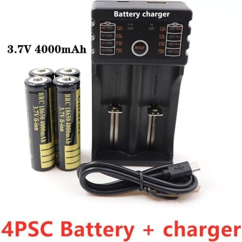 3.7V 4000mAh 18650 battery rechargeable liion battery with charger for Led flashlight batery litio battery+ Charger