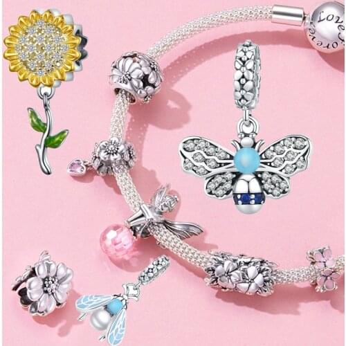 925 sterling silver flower charm daisy beads fit bangle & bracelet making woman fashion brand jewelry original DIY accessories