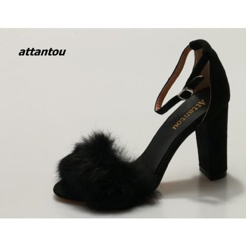 Attantou Line Buckle Strap Sexy Block High Heels Summer Shoes Woman Fashion Lady Sandal Black White Faux Fur Gladiator Sandals