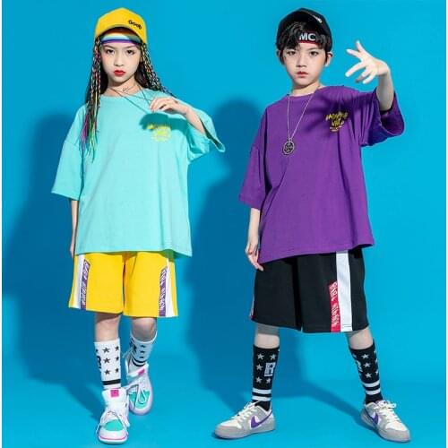 Kids Carnival Hip Hop Outfits Stage Wear Oversize Tshirt Streetwear Summer Cargo Shorts For Girls Boys Jazz Dance Show Costume