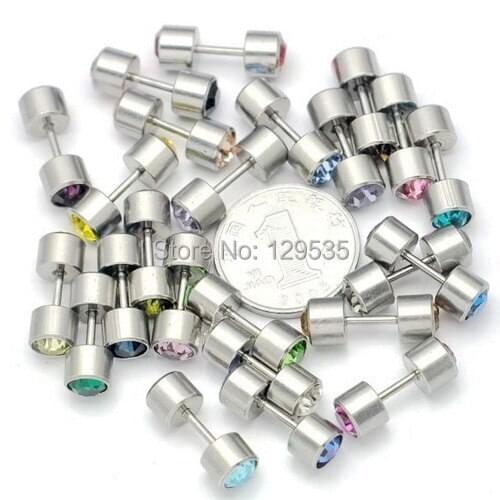 24 colors 6mm width Austrian crystal titanium dumbbell Punk Unisex Men Women pierced stud earrings