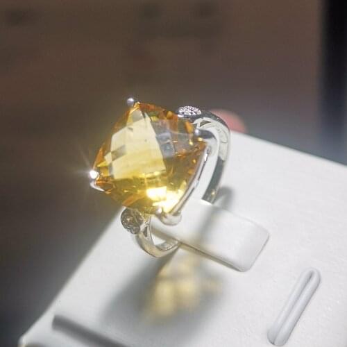 Chrame Yellow Crystal Ring for Party 12mm Natural Citrine Silver Ring Solid 925 Silver Citrine Jewelry Brithday Gift for Wife