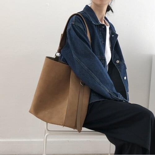 Matte leather Women Bucket Shoulder bag female Handbag Large Capacity Designer lady messenger bags Casual big Totes Brown