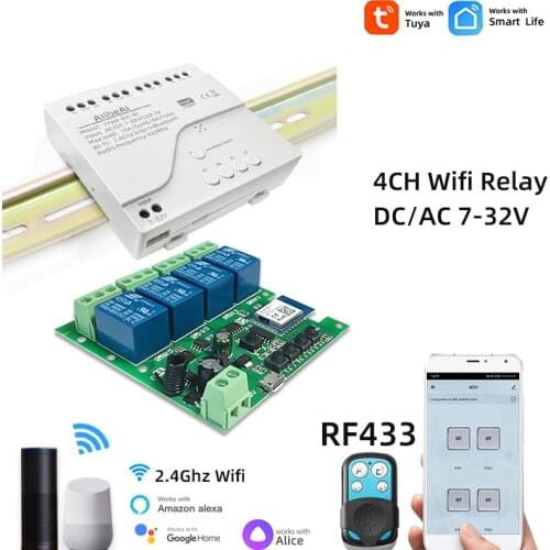 Wifi Smart Light Switch,Wifi Module,4CH DC 5/12/32V RF433 Receive 10A Relays Work with Alexa Google Assistant,Tuya Smart Life