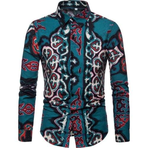 Mens Dress Floral Shirts Long Sleeve European Country Pattern Printed Men Shirts Plus Size 2XL Summer Outfit Shirts For Men A435